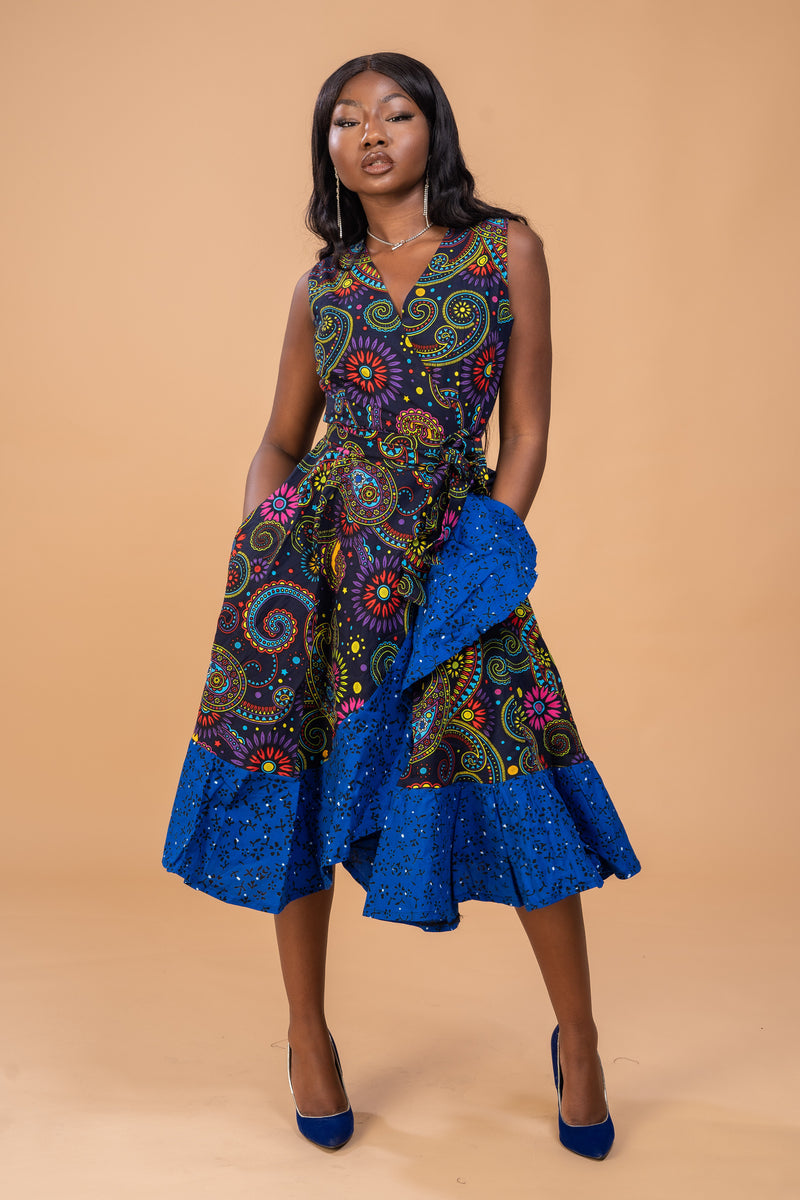 Brenda Ankara Wrap Dress | Blue African Print