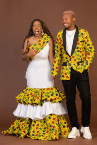 Mavis Ankara Maxi Dress | White and Yellow Mixed African Print