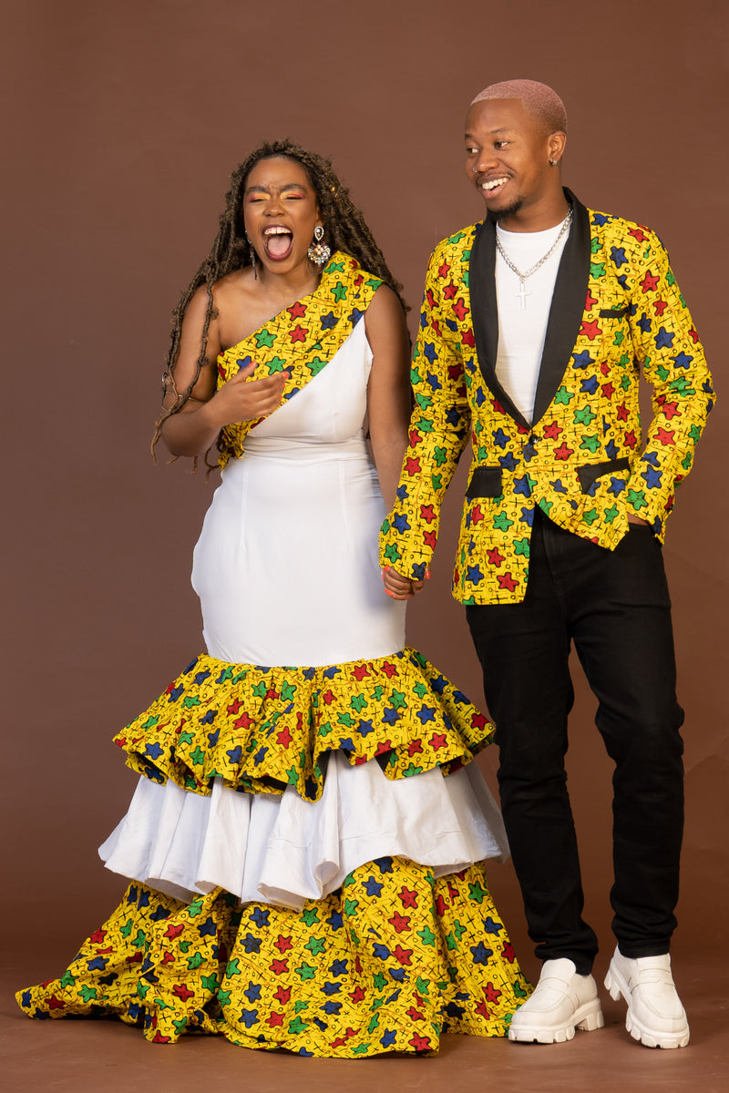 Mavis Ankara Maxi Dress | White and Yellow Mixed African Print