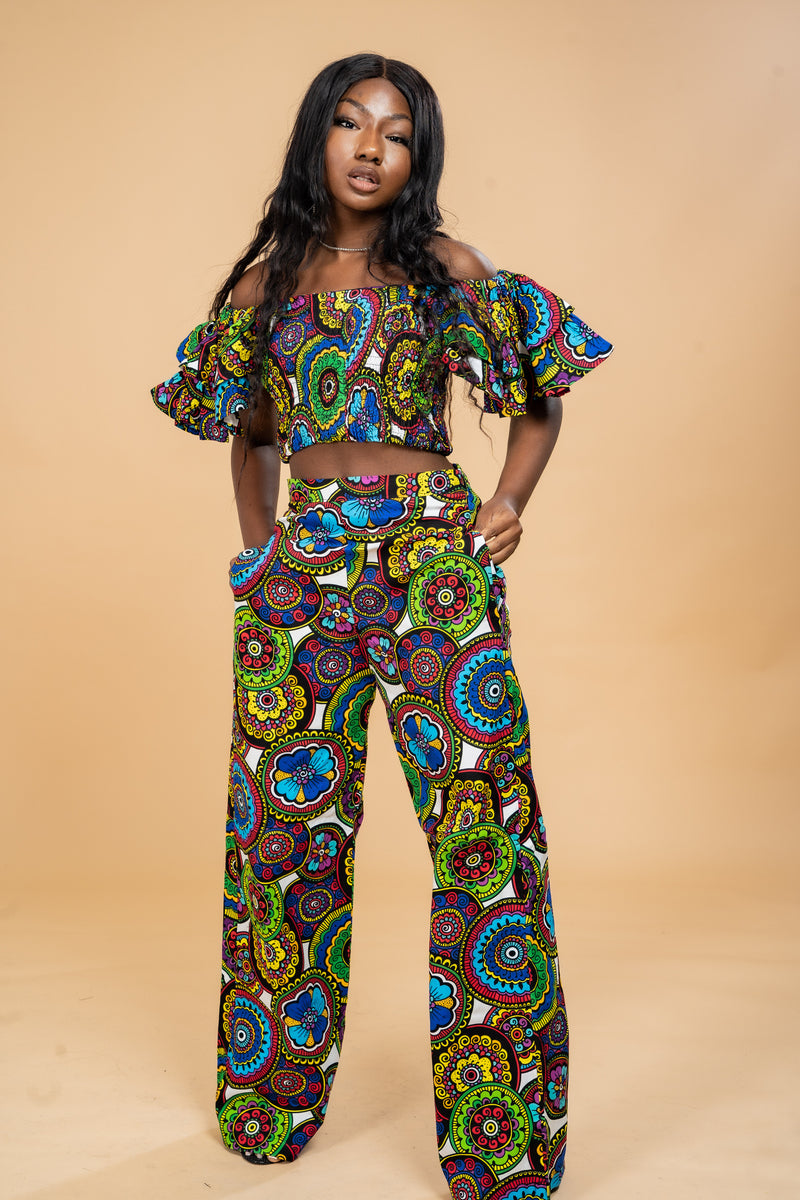 Adiza Ankara High Waisted Trouser Green and Blue Multicoloured