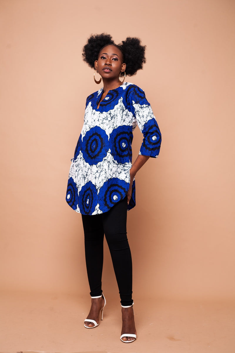 Ekuwa Ankara Long Tunic Top | Blue and White African Print
