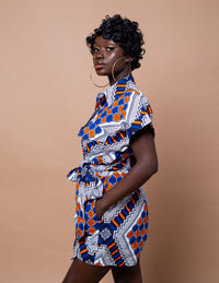 Racheal Ankara Playsuit | white and Blue African Print