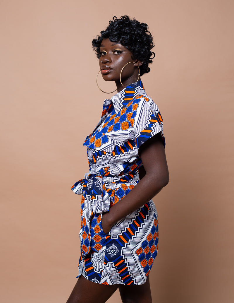 Racheal Ankara Playsuit | white and Blue African Print