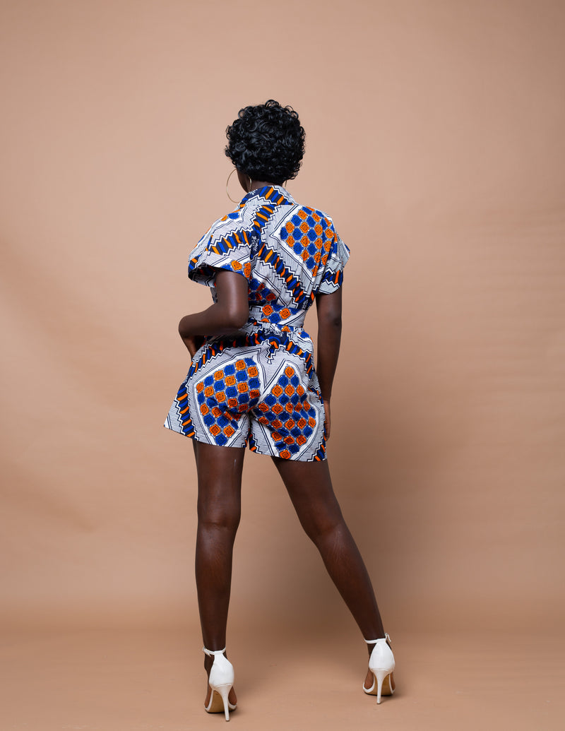 Racheal Ankara Playsuit | white and Blue African Print