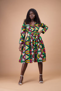 Juliana Ankara Midi Dress | Green and Yellow African Print