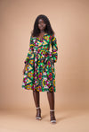 Juliana Ankara Midi Dress | Green and Yellow African Print
