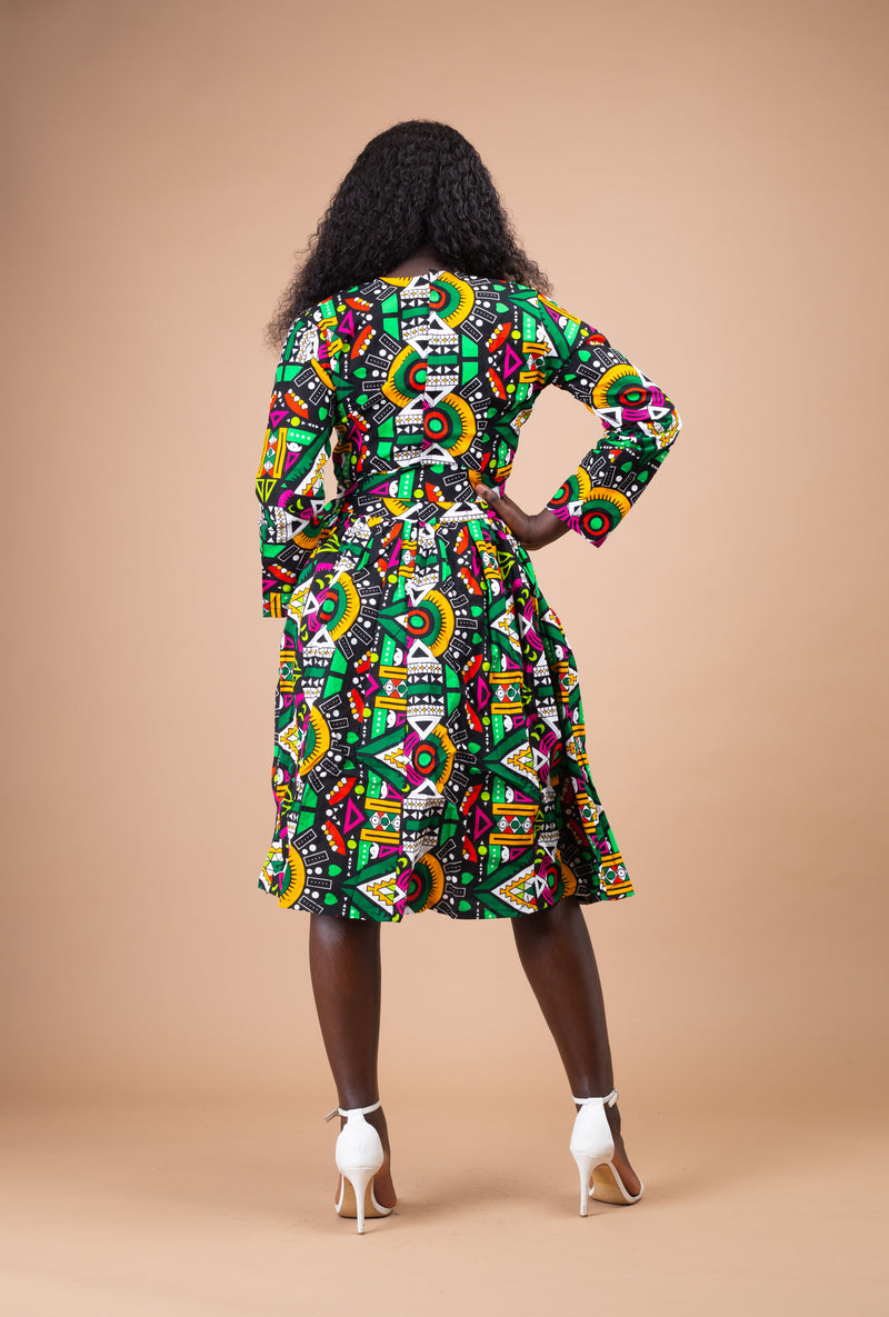 Juliana Ankara Midi Dress | Green and Yellow African Print