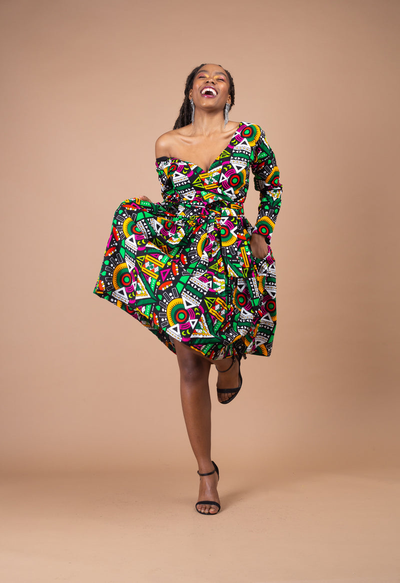 Juliana Ankara Midi Dress | Green and Yellow African Print