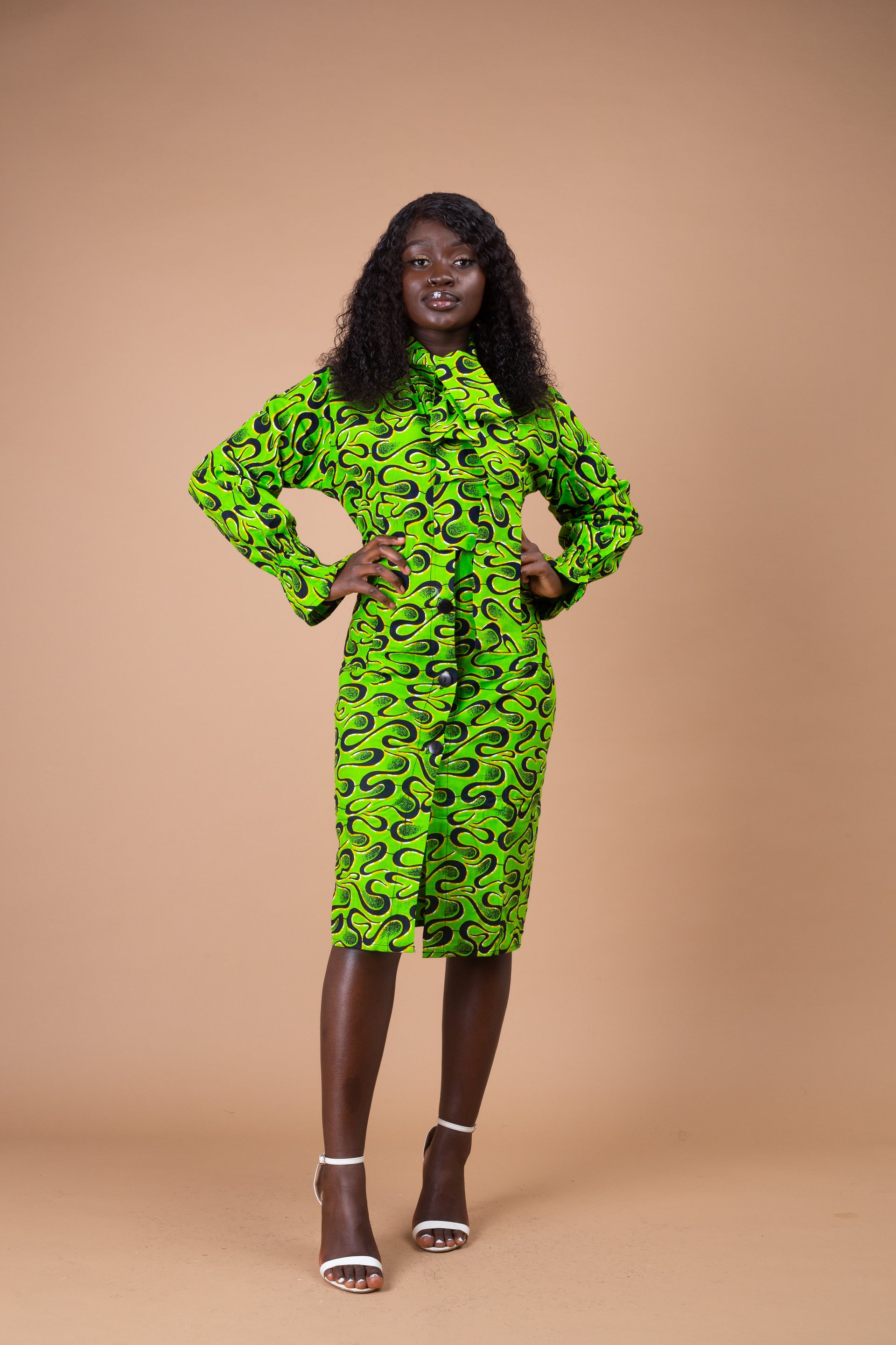 Effiong Ankara Button Down Shirt Dress Green African Print