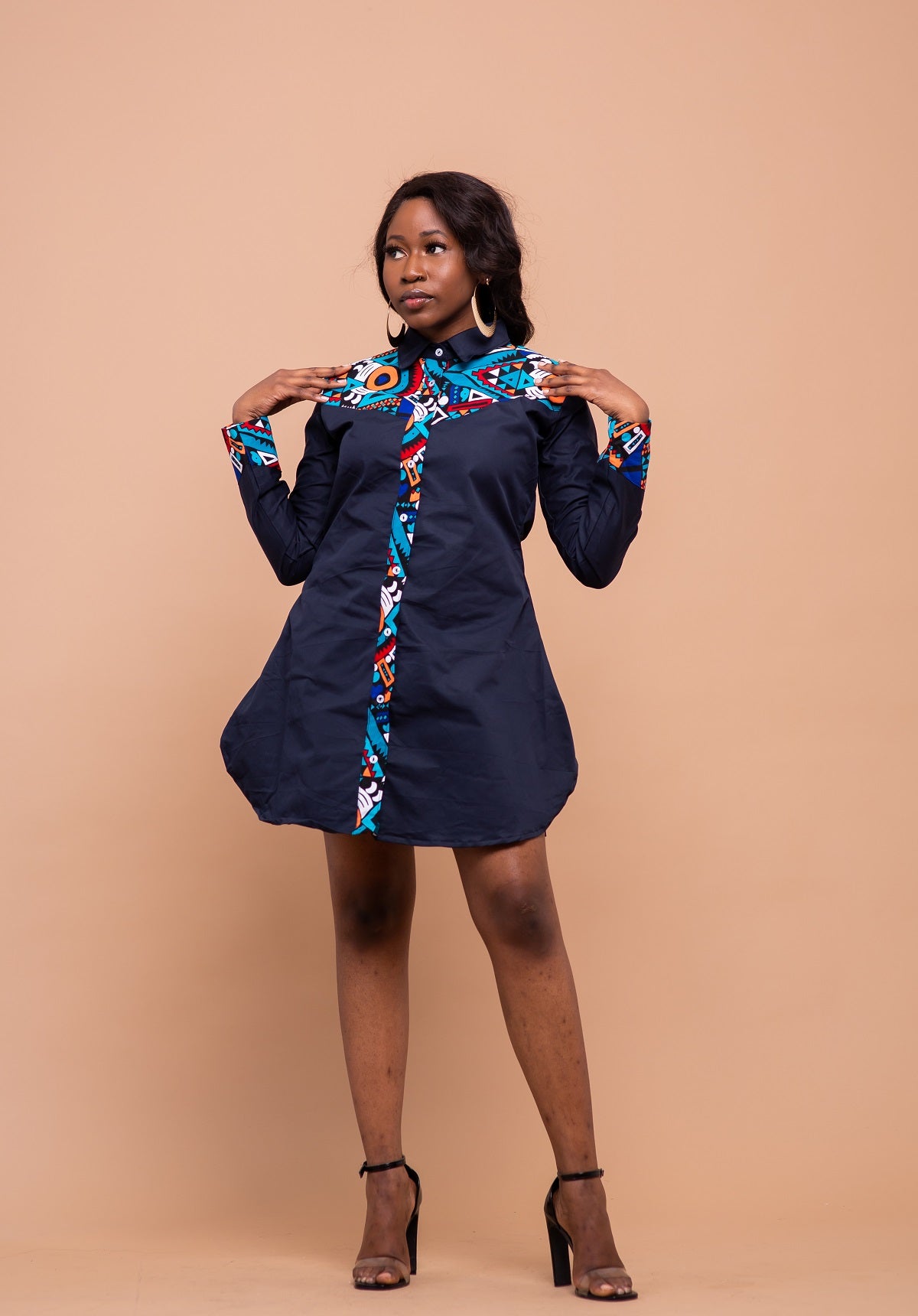 Dakota Button Down Shirt Dress | Navy Blue and Ankara African Print M.A.DKollection Dakota Button Down Shirt Dress | Navy Blue and Ankara African Print M.A.DKollection