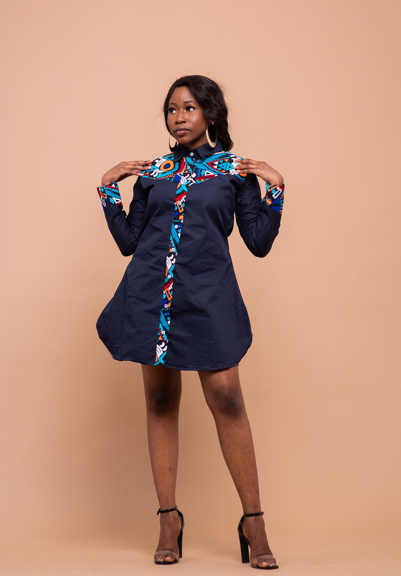 Dakota Button Down Shirt Dress | Navy Blue and Ankara African Print M.A.DKollection Dakota Button Down Shirt Dress | Navy Blue and Ankara African Print M.A.DKollection
