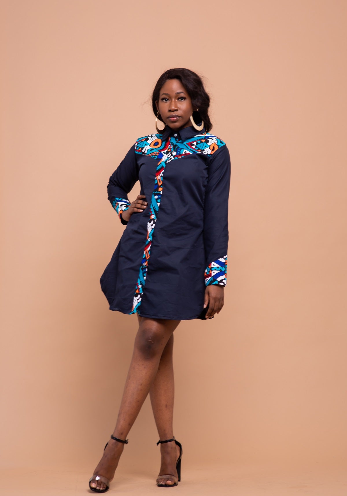 Dakota Button Down Shirt Dress Navy Blue and Ankara African