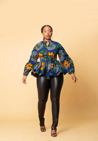 Martha Ankara Peplum Top | Blue and Yellow African Print