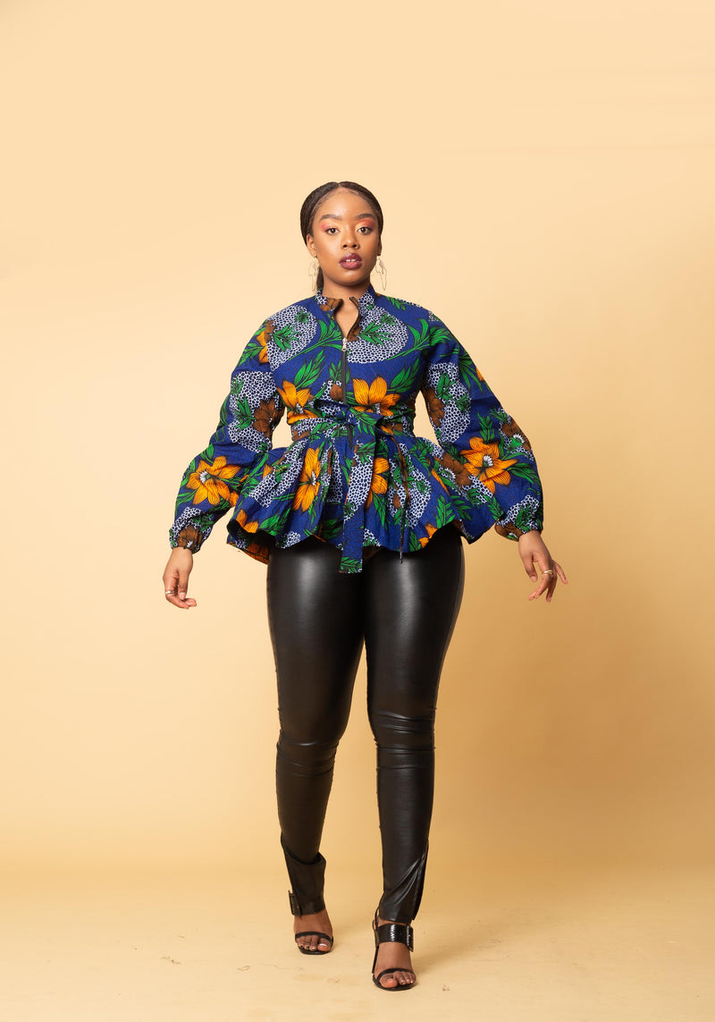 Martha Ankara Peplum Top | Blue and Yellow African Print