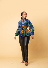 Martha Ankara Peplum Top | Blue and Yellow African Print