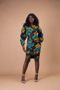 Denva Ankara Midi Pencil Dress | Green and teal African Print