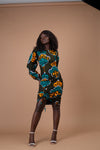Denva Ankara Midi Pencil Dress | Green and teal African Print