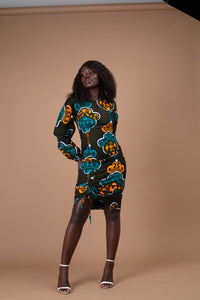 Denva Ankara Midi Pencil Dress | Green and teal African Print