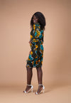 Denva Ankara Midi Pencil Dress | Green and teal African Print