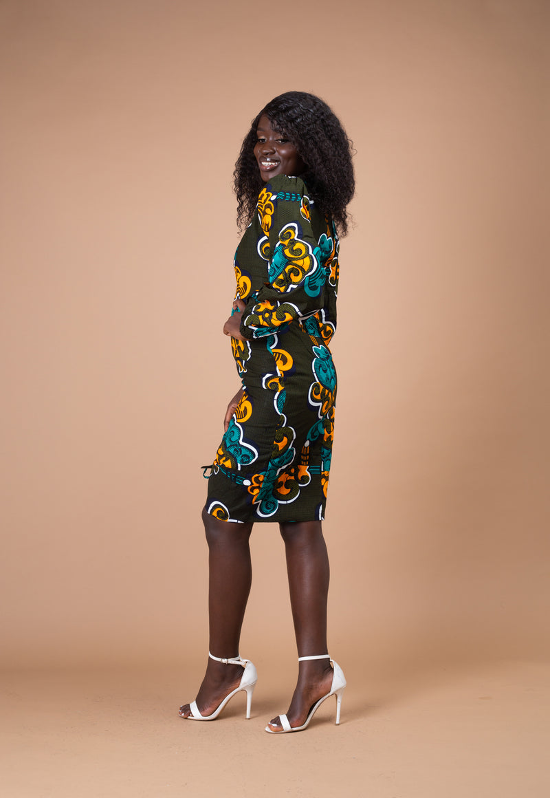 Denva Ankara Midi Pencil Dress | Green and teal African Print