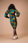 Denva Ankara Midi Pencil Dress | Green and teal African Print