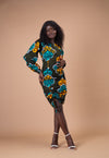 Denva Ankara Midi Pencil Dress | Green and teal African Print
