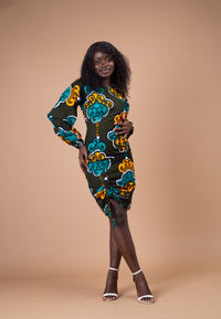 Denva Ankara Midi Pencil Dress | Green and teal African Print