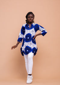 Ekuwa Ankara Long Tunic Top | Blue and White African Print