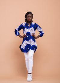 Ekuwa Ankara Long Tunic Top | Blue and White African Print