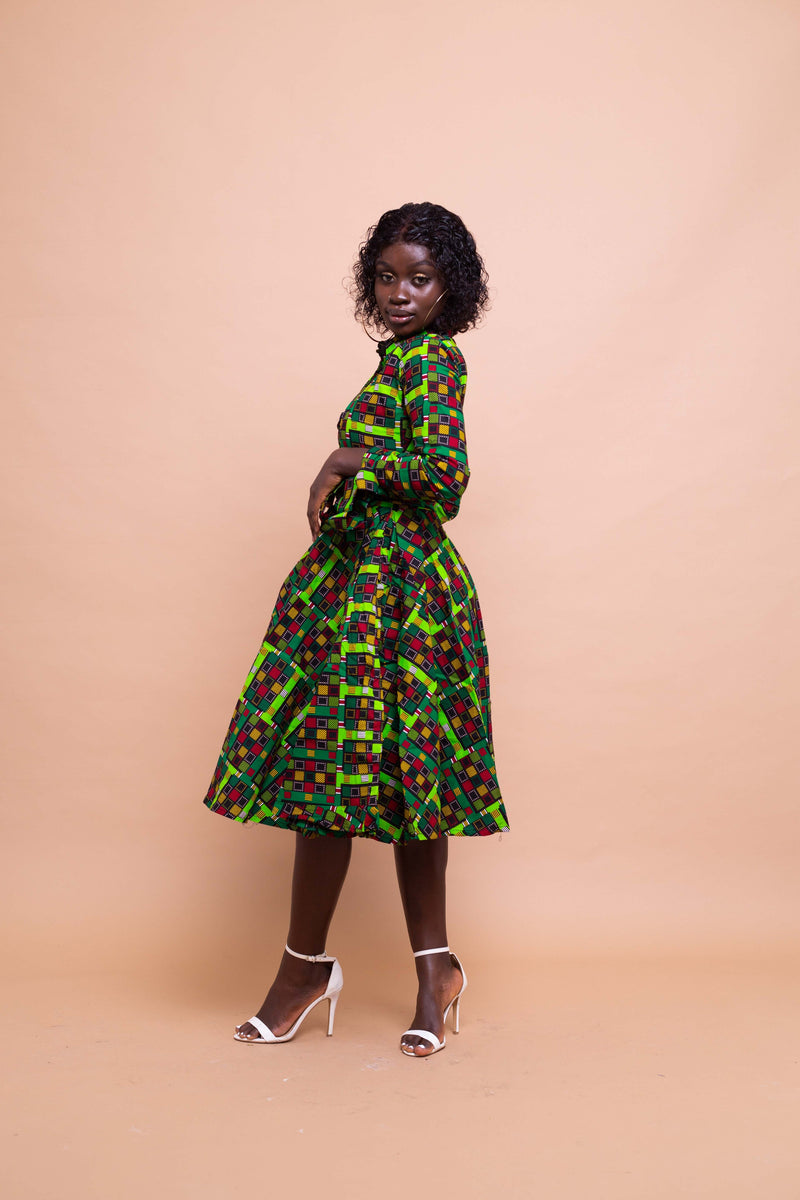 Eva Ankara Button Down Shirt Dress | Green and Red African Print M.A.DKollection Eva Ankara Button Down Shirt Dress | Green and Red African Print M.A.DKollection