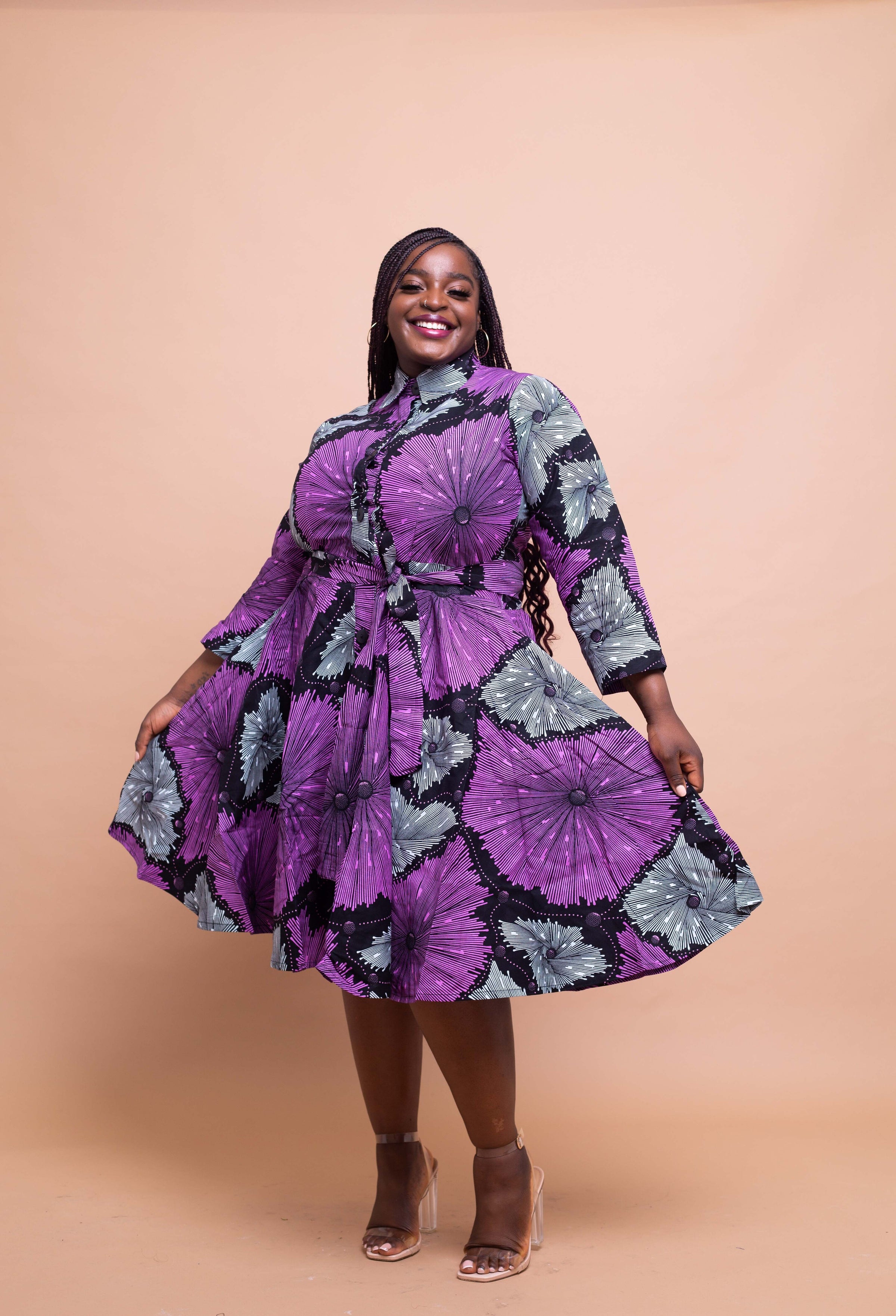 Elisa Ankara Button Down Shirt Dress Purple African Print –