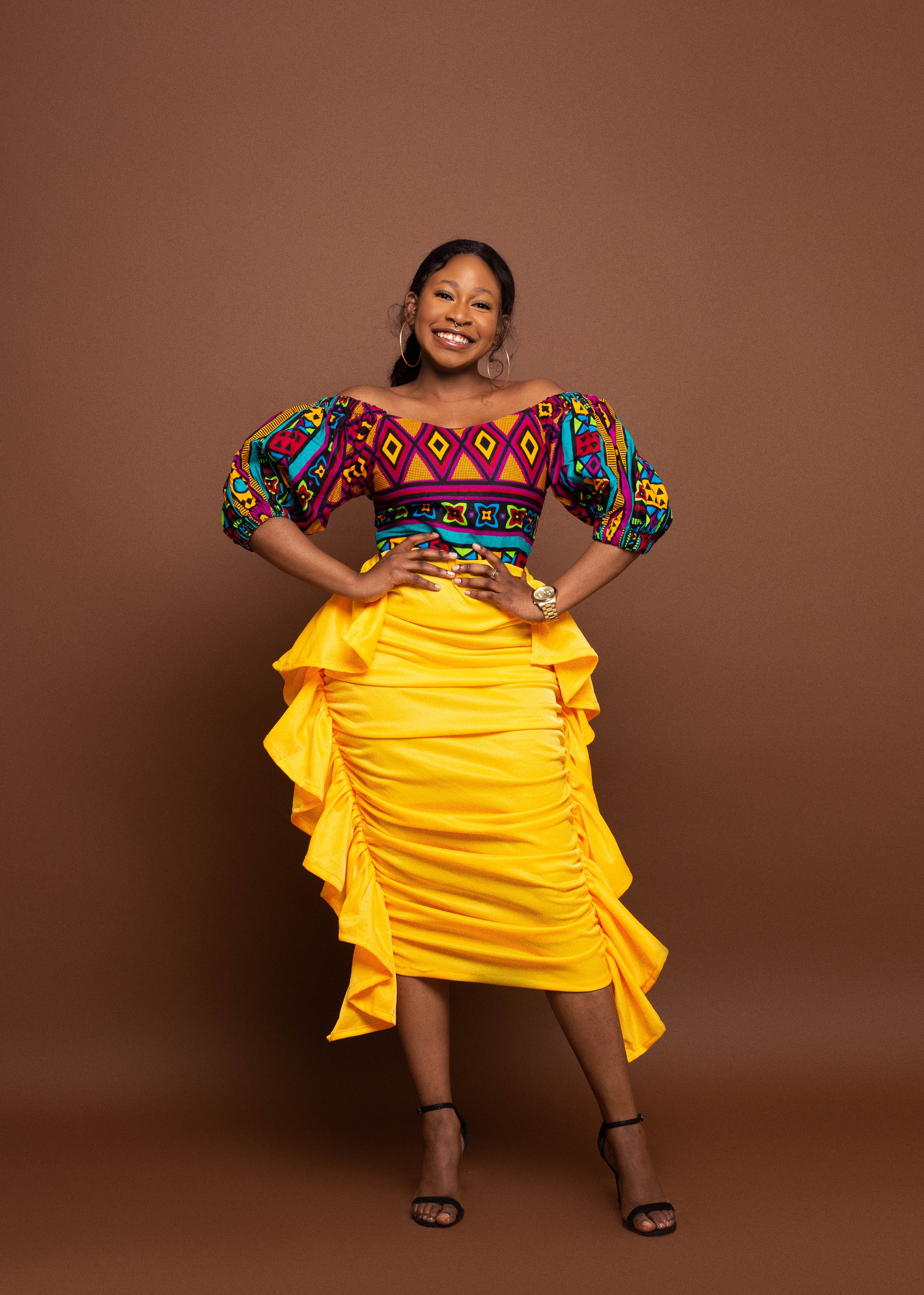 Jojo Ankara Midi Dress | Yellow Crepe and African Print – M.A.