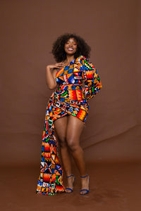 Frances Short Mini Dress | Blue and Yellow Multicolored African Kente Tribal Print