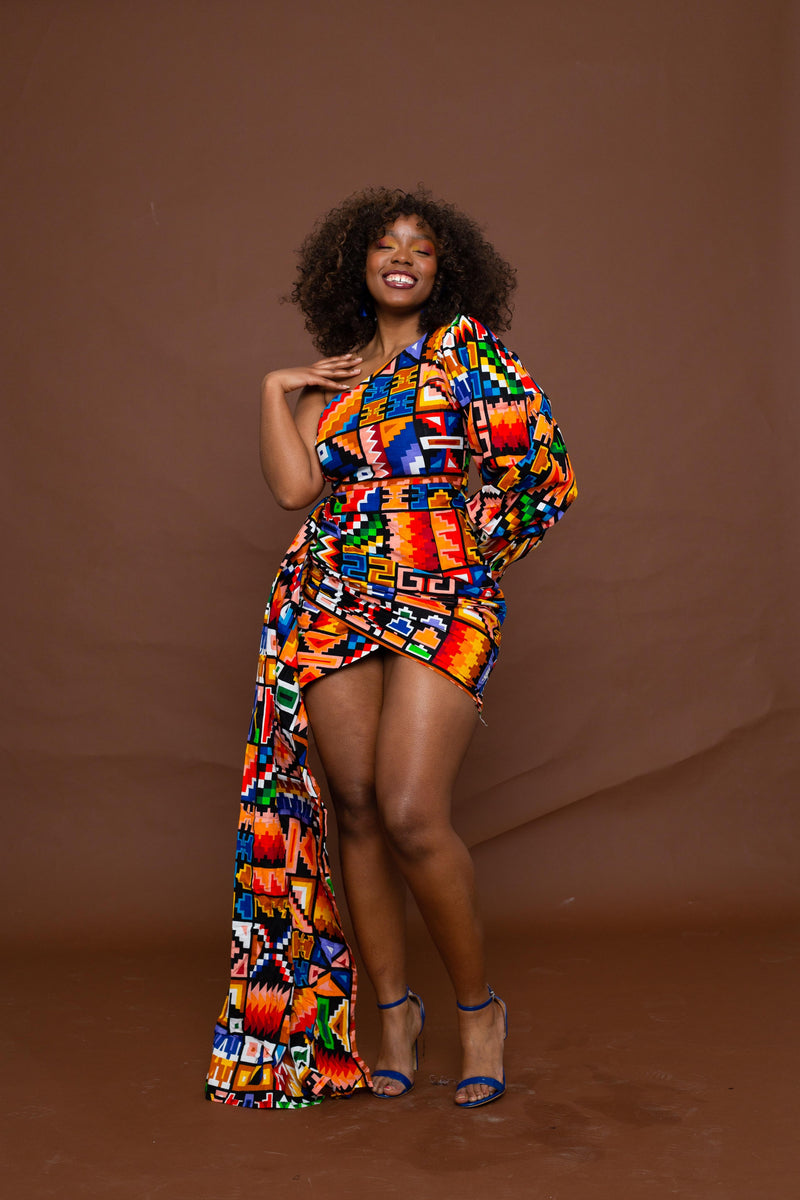 Frances Short Mini Dress | Blue and Yellow Multicolored African Kente Tribal Print