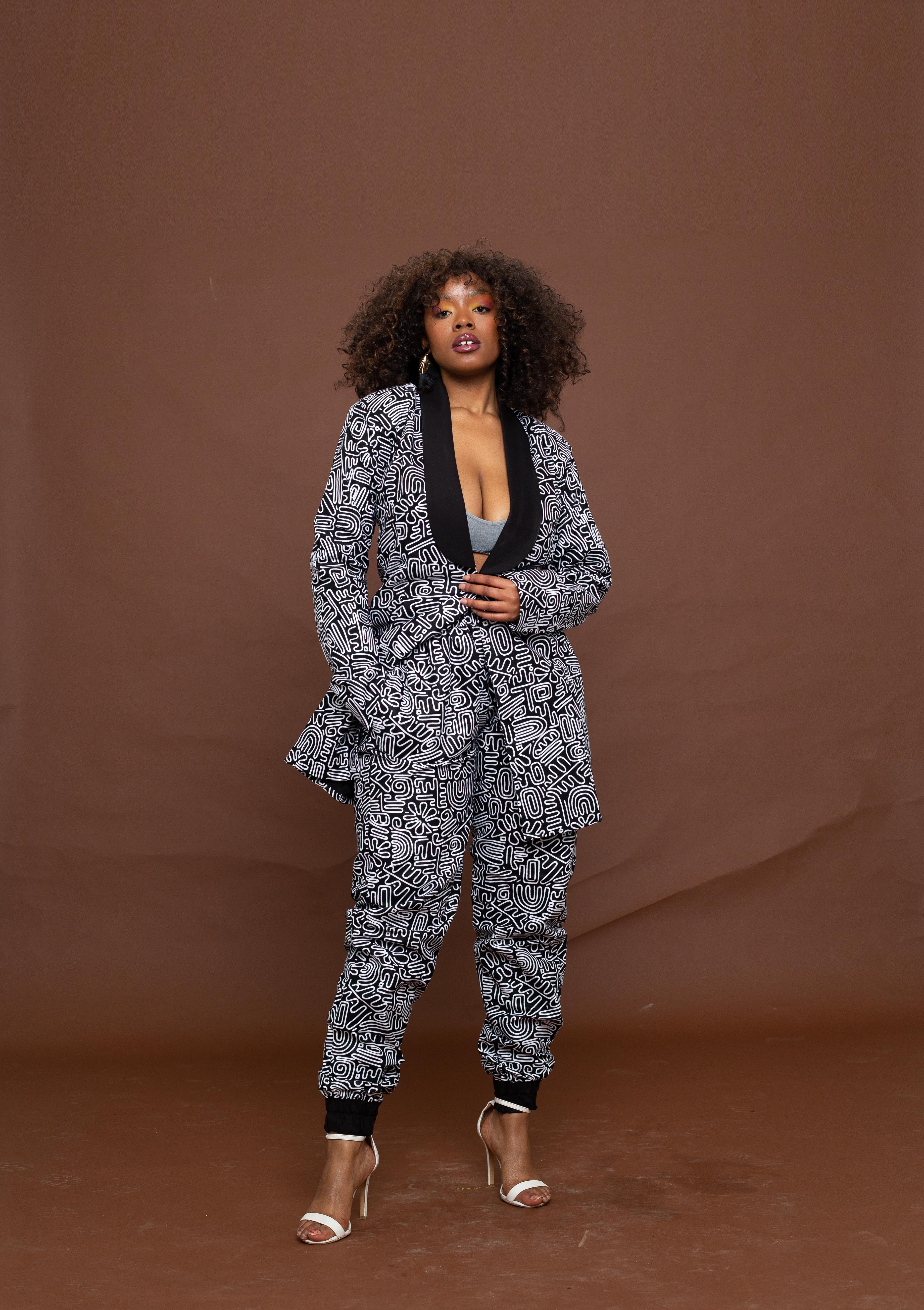 Adora Adire Longline Jacket | Black and White African Print – M.A.