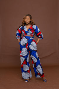 Azara Ankara High Waisted Trouser | White and Blue African Print