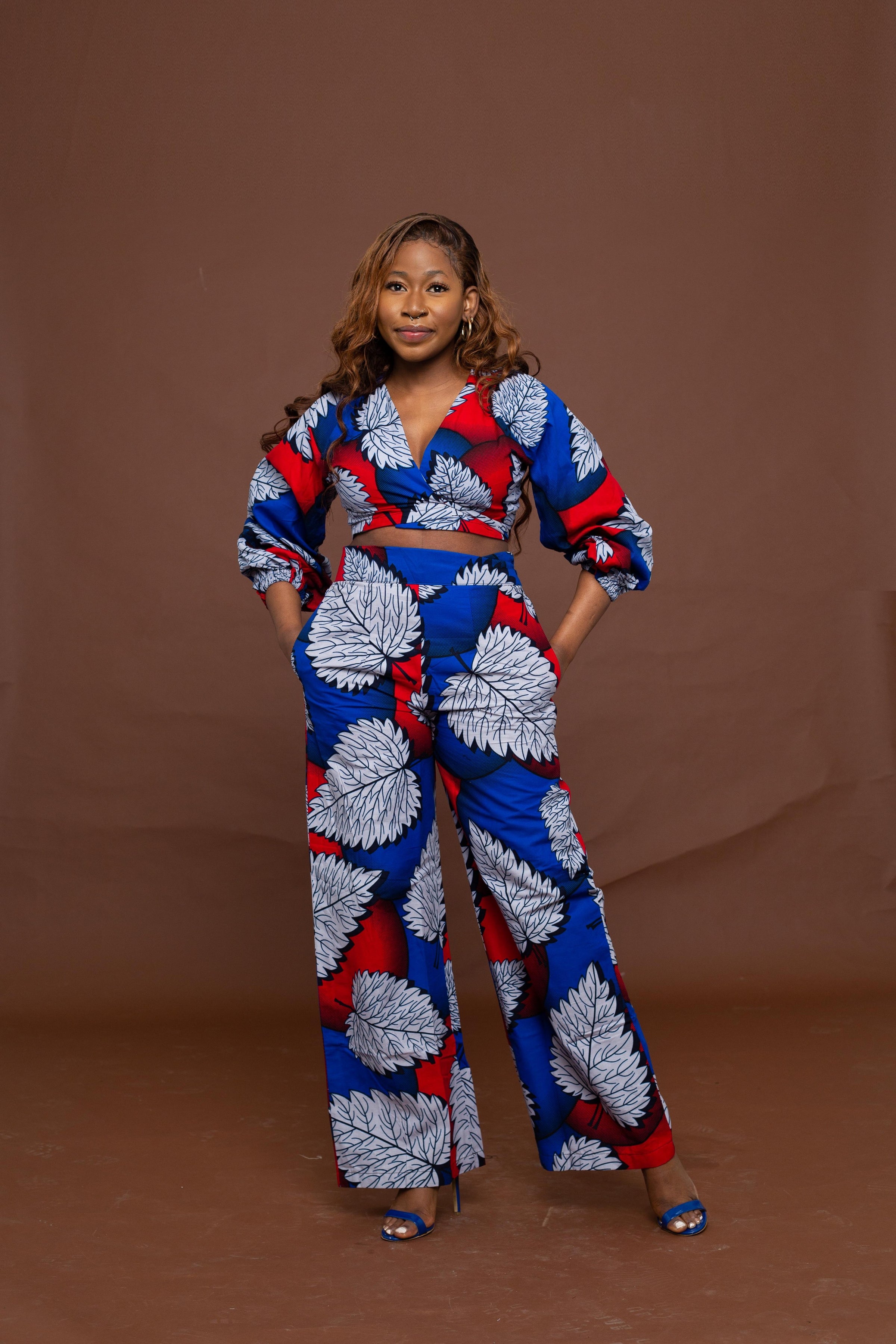 Azara Ankara High Waisted Trouser | White and Blue African Print