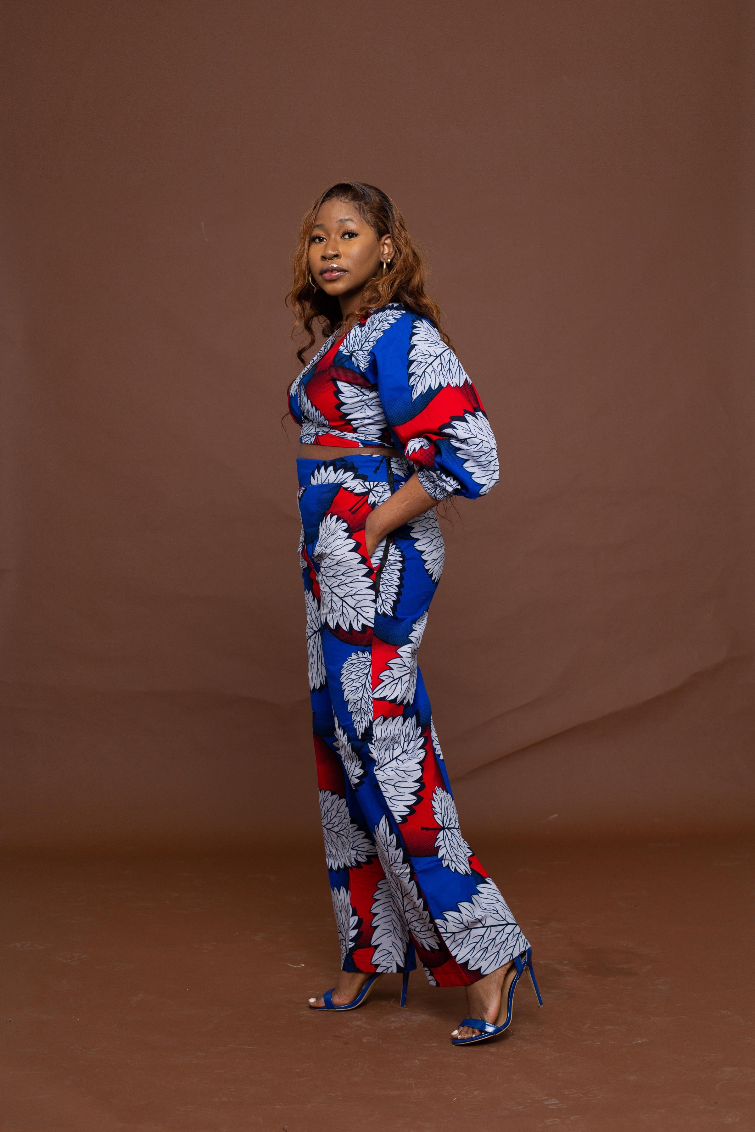 Azara Ankara High Waisted Trouser | White and Blue African Print