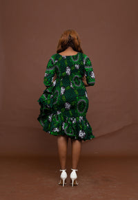 Saria Ankara Midi Dress | Green and White African Print