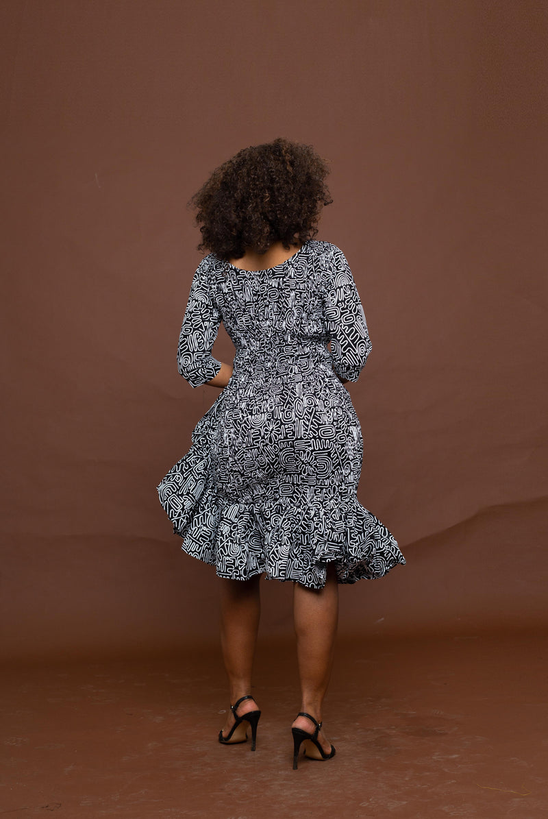 Skylar Ankara Midi Dress | Black and White African Print