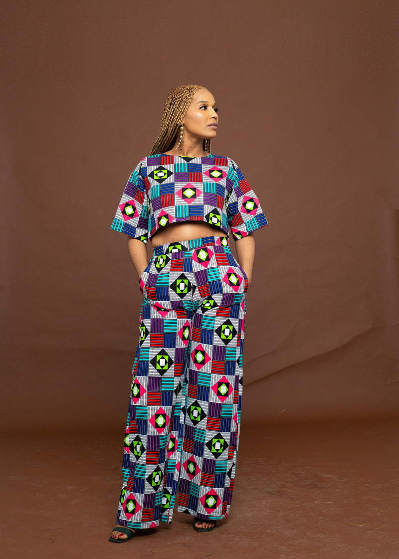Champo Ankara High Waisted Trouser | Blue and White Multicolored African Print