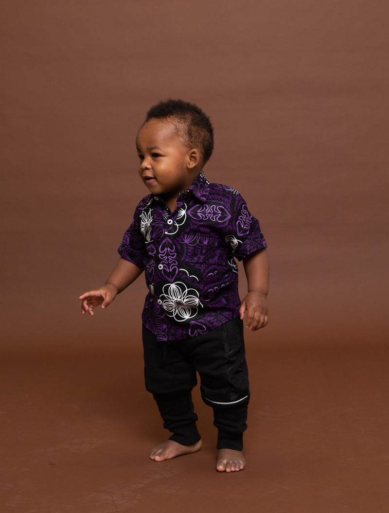 Simon Ankara Boy Shirt | Purple and White African Print