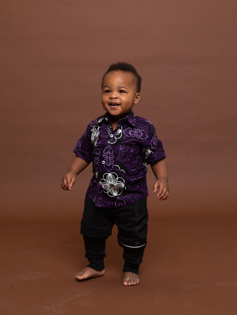 Simon Ankara Boy Shirt | Purple and White African Print