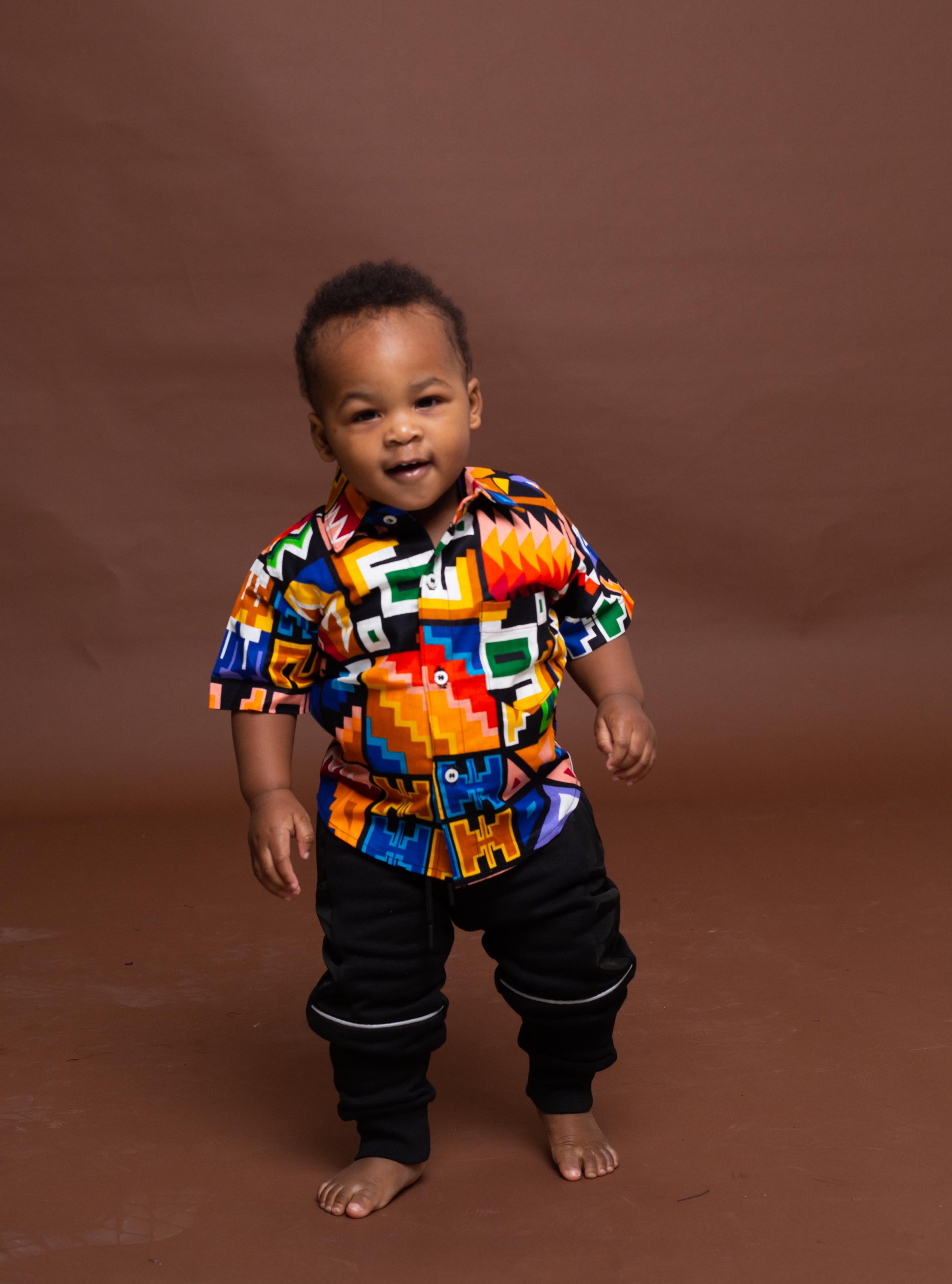Fred Ankara Boy Short sleeve Shirt Orange and White Multicolored
